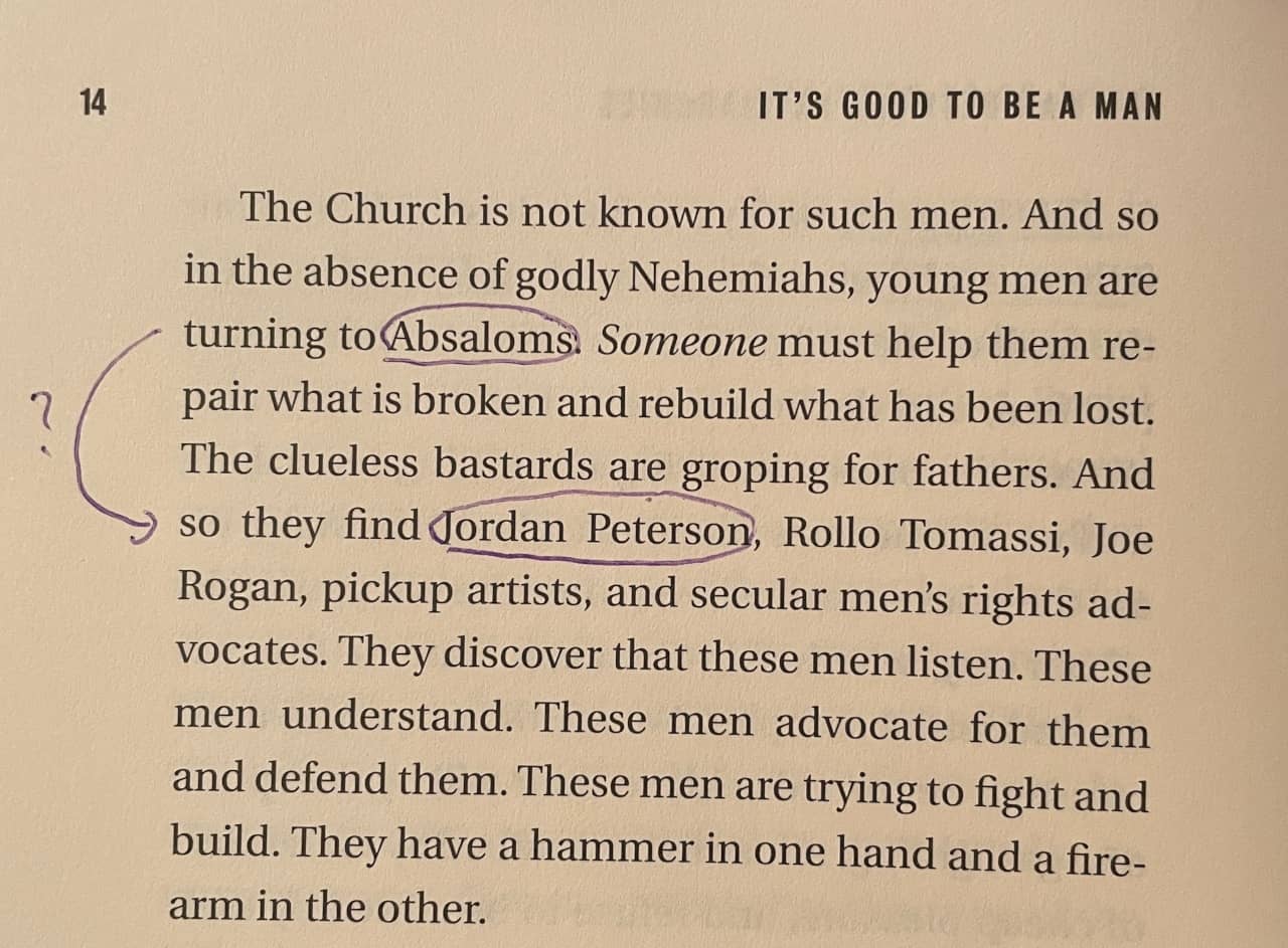 Page 14 of It’s Good To Be A Man compares Absalom and Jordan Peterson